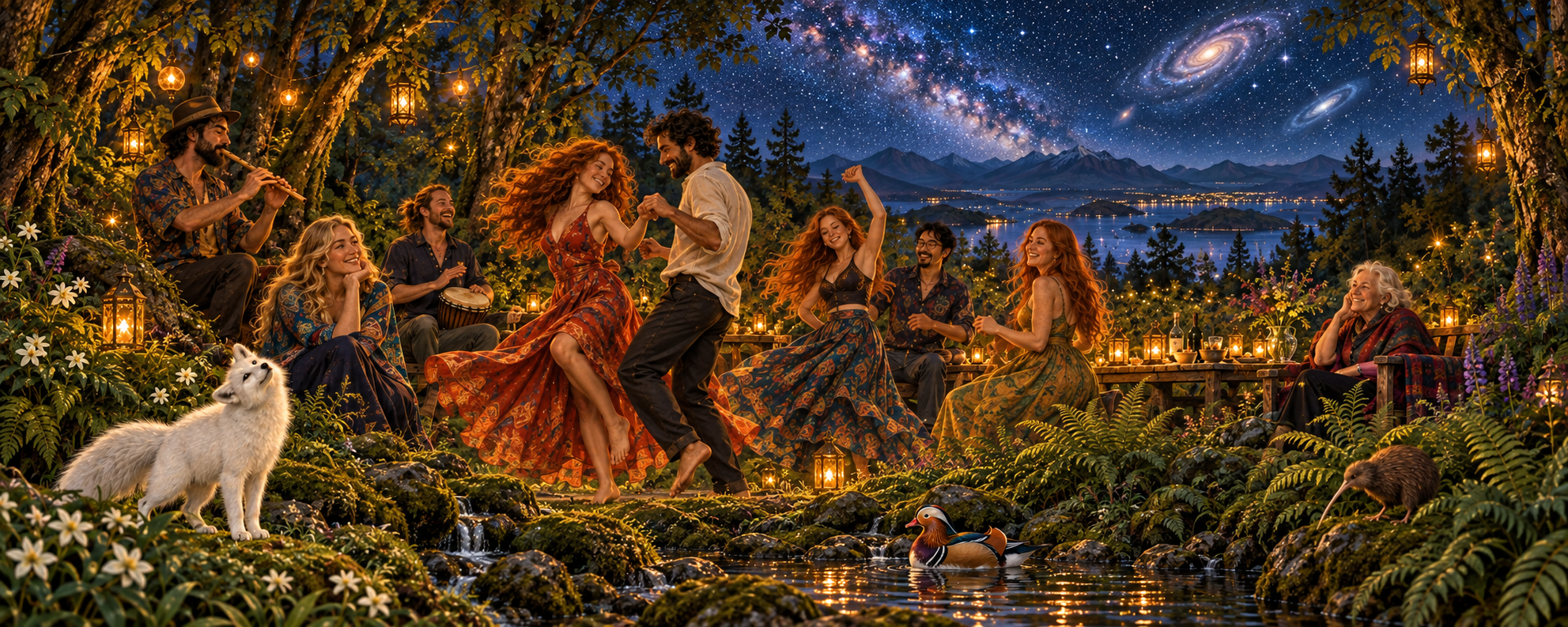 Friends dancing among animals beneath a starry forest sky